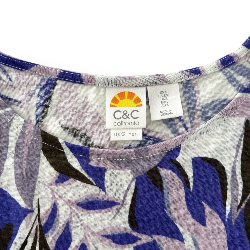 C & C California Large Purple Multicolor 100% Linen Short Cap Sleeves Top NWOT - Picture 9 of 11